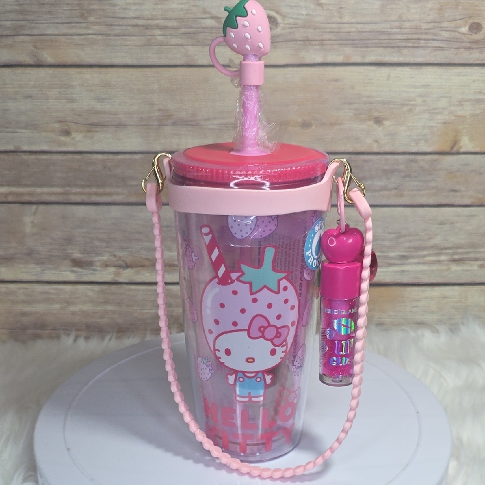 Hello Kitty Pink Strawberry Travel Cup with Strap and Lip Gloss